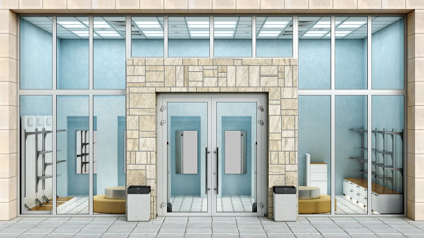 现代精品立面与大型橱窗，内部空，3d插图图片下载