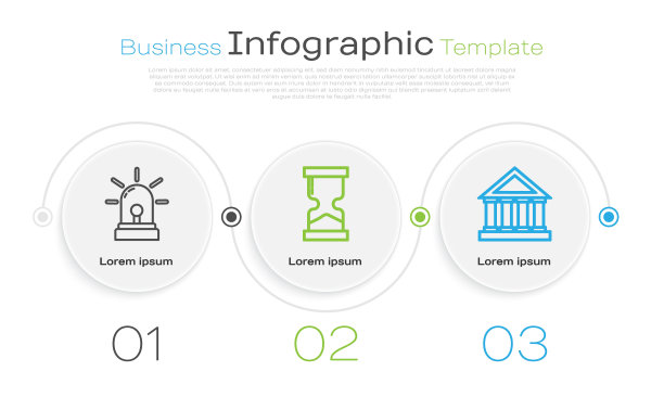 设置线闪光警报器，旧沙漏和法院大楼。业务信息图模板。向量图片下载