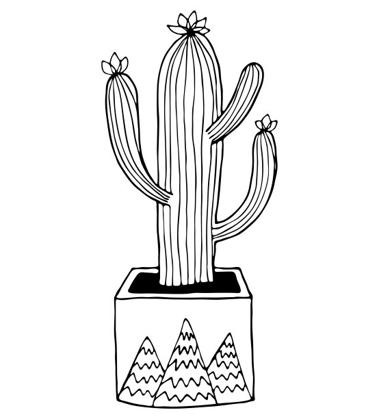 矢量手绘植物插图。黑色轮廓的仙人掌与花在现代盆孤立在白色背景。图片下载