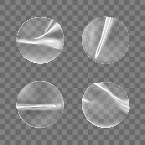 透明圆形不干胶贴纸模拟设置隔离在透明背景上。塑料皱褶圆粘标签具有胶合效果。标签或价格标签的模板。3d现实的矢量模型图片下载