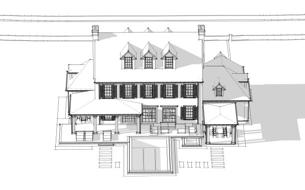 殖民风格的现代古典住宅的3d渲染，白色背景上的黑线图片下载