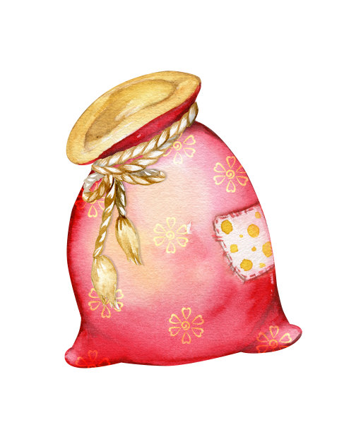 红色的大袋子，圣诞老人，在一个孤立的背景。水彩元素，在卡通风格，为圣诞卡，和邀请。图片下载