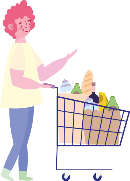 年轻人与购物车装满食物孤立图片下载
