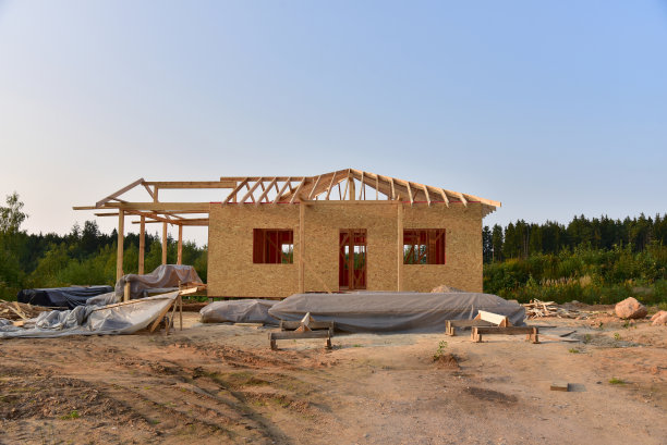 建筑木质房屋的结构隔热板(SIPs)交钥匙准备项目。图片下载