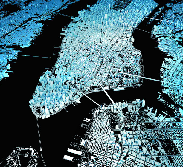 纽约的卫星图像，地图，3d建筑。曼哈顿的街道图片下载