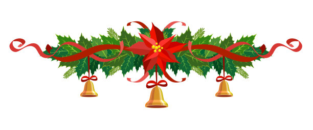 有铃铛的圣诞花环。矢量边界，装饰节日贺卡，邀请，横幅。冬青的叶子，浆果，一品红孤立在白色的背景。圣诞星植物与丝带。图片下载