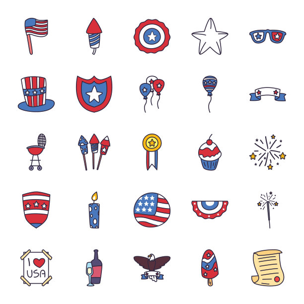 独立日填充风格图标集设计图片下载