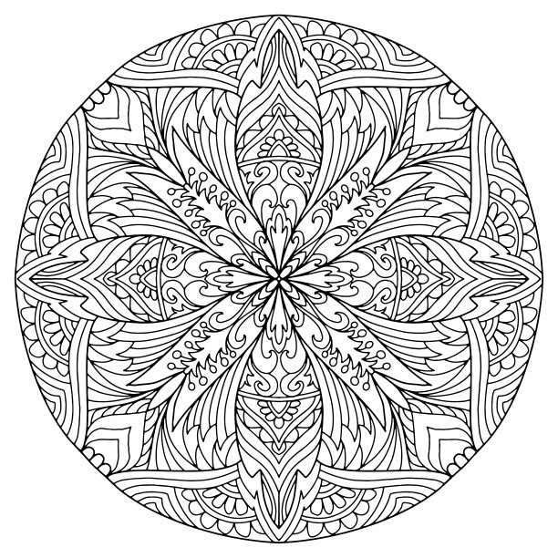 曼荼罗与花卉装饰画在白色的背景上色，矢量，着色书页图片下载