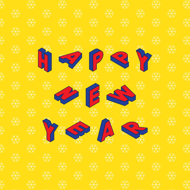 新年快乐横幅设计布局新潮的等距风格，黄色背景与雪花图案。复古卡通矢量插图易于编辑和定制。每股收益10图片下载