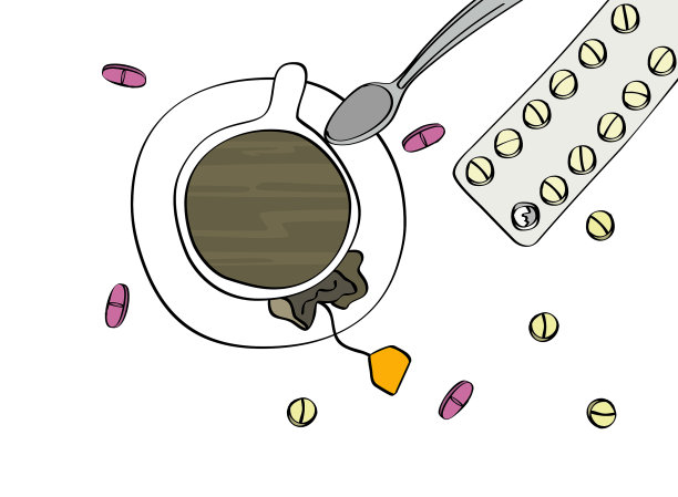 茶，咖啡杯，还有药丸和水泡。疾病,医学。顶视图孤立的白色背景。卡通风格矢量插图。图片下载