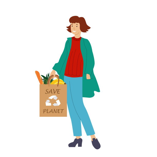 一个年轻女子拿着一个白色背景的购物袋。图片下载