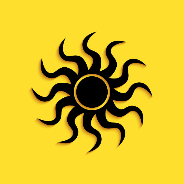 黑太阳图标孤立在黄色背景。长长的阴影风格。向量图片下载