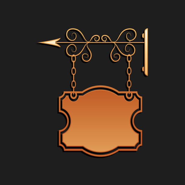 黄金古董街道招牌悬挂在锻造支架图标孤立在黑色背景。适用于广告酒吧、咖啡厅、酒吧、餐厅。长长的阴影风格。向量图片下载