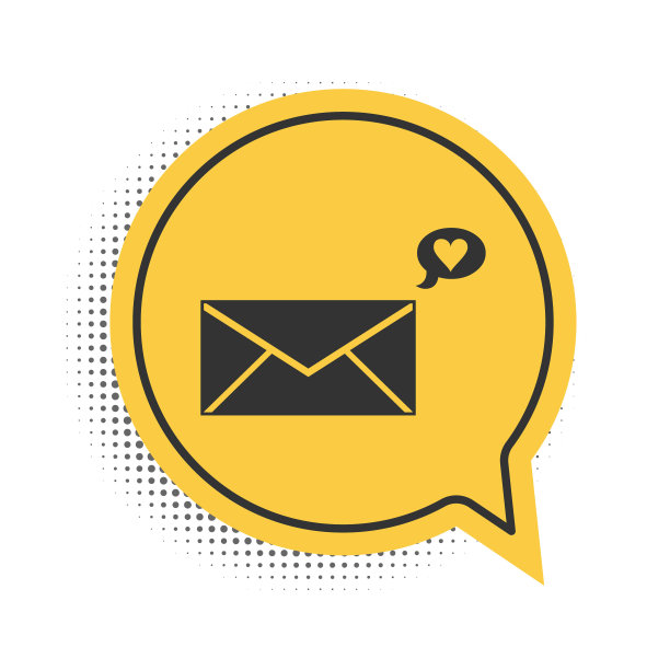 黑色信封与情人节心形图标孤立在白色背景。消息的爱。信上写着爱和浪漫。黄色语音气泡符号。向量图片下载