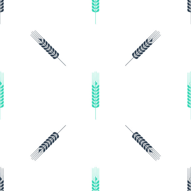 绿色谷物图标设置大米，小麦，玉米，燕麦，黑麦，大麦图标孤立无缝模式的白色背景。小麦穗是面包的象征。农业小麦。向量图片下载
