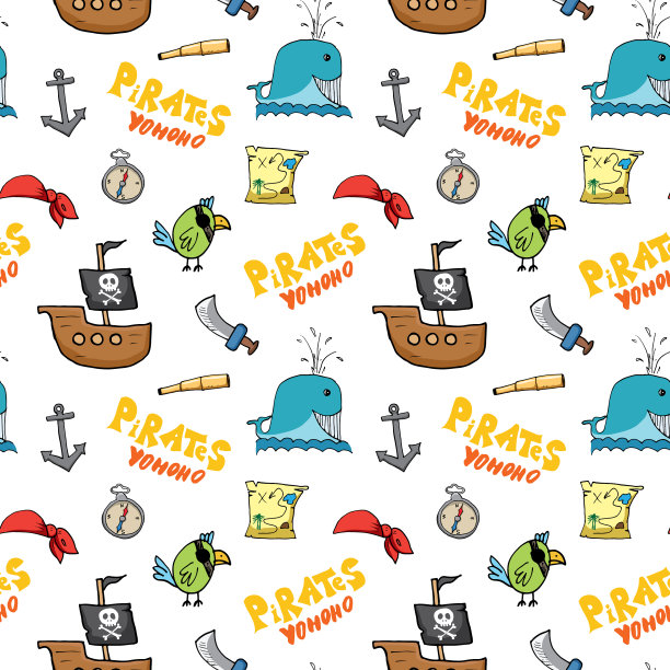 海盗涂鸦无缝图案可爱的海盗物品图片下载