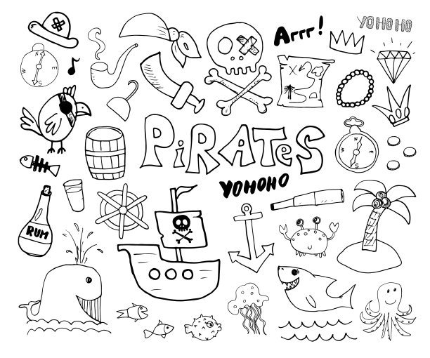 海盗涂鸦设置可爱的海盗物品素描图片下载