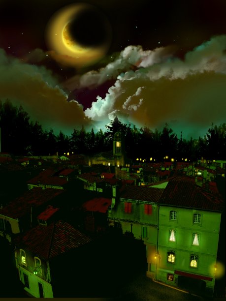 鬼魅的月亮和欧洲老城在万圣节的夜晚图片下载