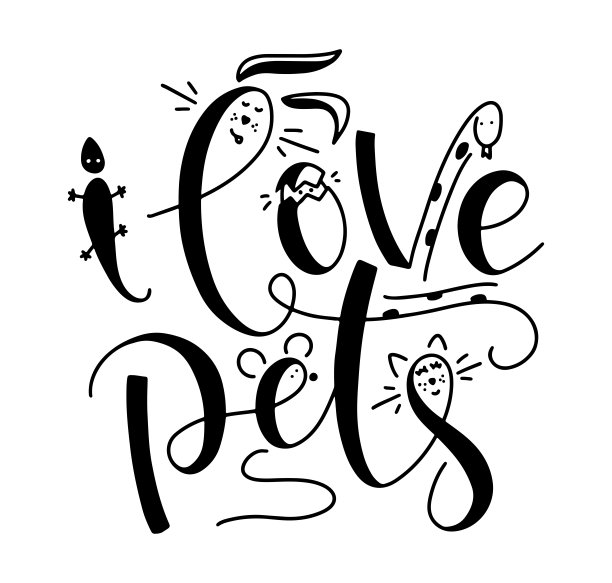 我喜欢宠物-黑色手写字母和涂鸦动物-猫，老鼠，蜥蜴，兔子，蛋，蛇。矢量插图孤立在白色背景。图片下载