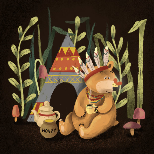 熊首领带着萤火虫和茶在森林里。图片下载