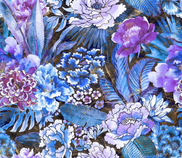 亚洲花的热带图案。背景画在水彩叶和花。图片下载