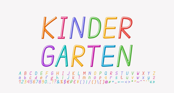 彩色卡通斜体字母，细线形彩虹色鲜艳字体。大写字母、小写字母、数字、标点符号。矢量图图片下载
