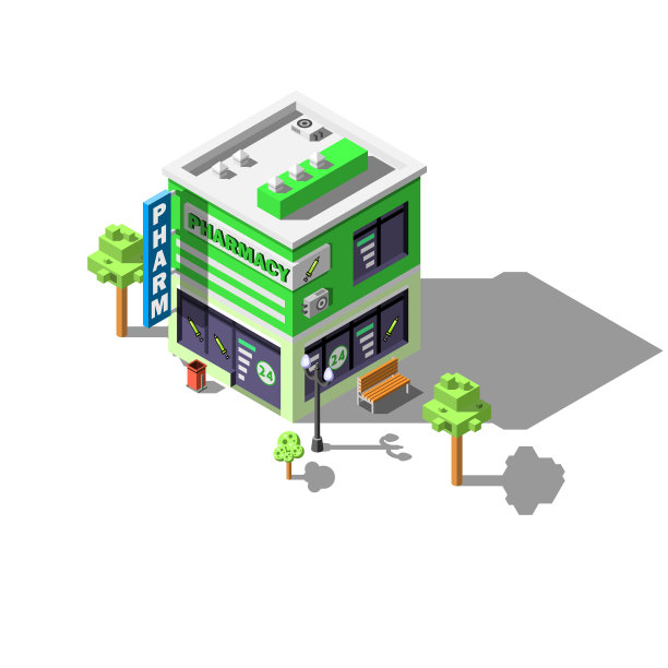 抽象三维药房格鲁格商店健康建筑矢量设计风格阴影图片下载