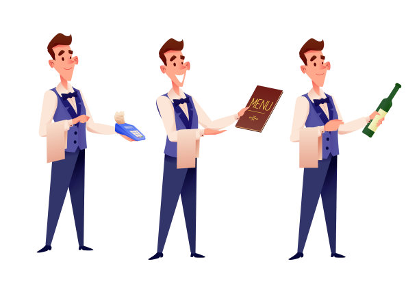 卡通侍者在餐厅拿着香槟图片下载
