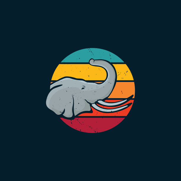 大象和日落在复古风格的标志图片下载