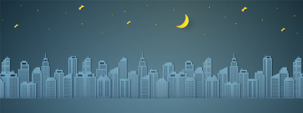 夜晚的城市景观，建筑有半月和星星，纸艺术风格图片下载