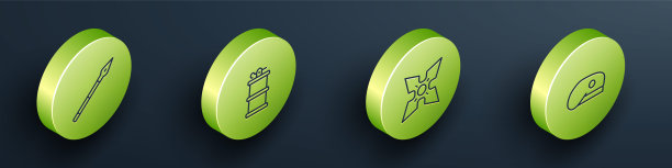 设置等距线中世纪长矛，手烟雾手榴弹，日本忍者飞镖和军事贝雷帽图标。向量图片下载