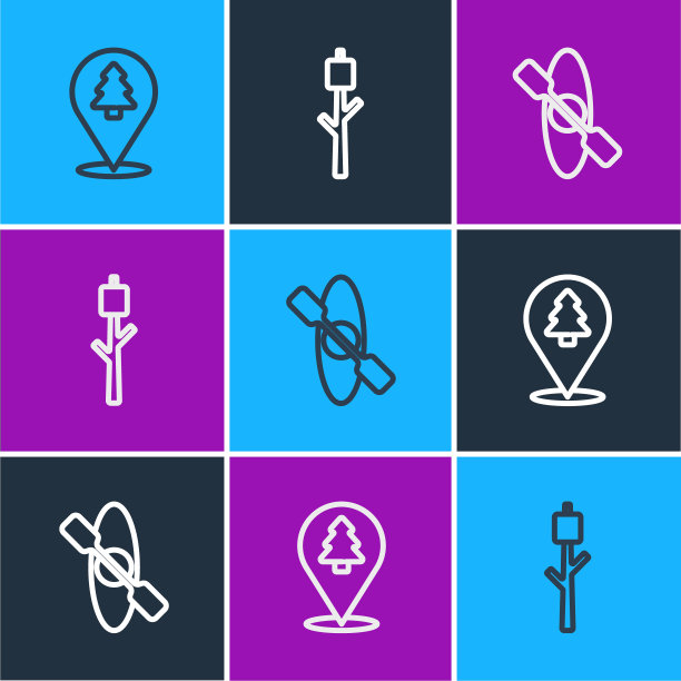 设定线森林的位置，独木舟和棉花糖棒的图标。向量图片下载