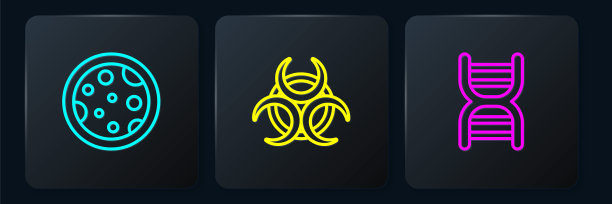 在培养皿中设置细菌、DNA标记和生物危害。黑色方形按钮。向量图片下载