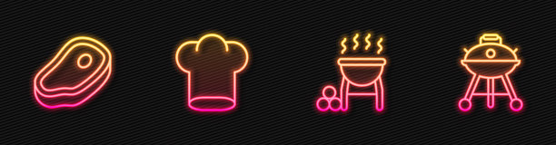 系列烧烤架，牛排，厨师帽和。发光的霓虹灯图标。向量图片下载