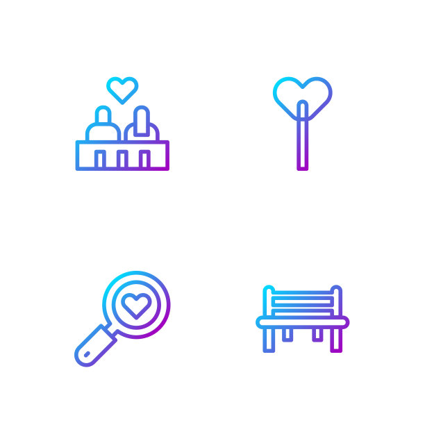 设置线浪漫板凳，寻找心和爱，情侣在和棒棒糖。渐变颜色图标。向量图片下载