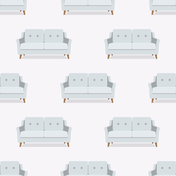无缝模式。沙发，扶手椅，白色背景的沙发。向量。色彩丰富的家具在平面设计。卡通插图。每股收益图片下载