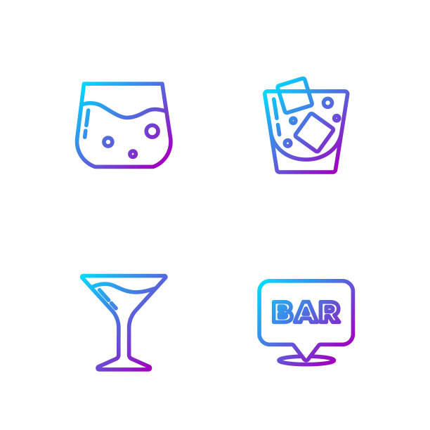 设酒吧间位置、马提尼杯、威士忌杯等。渐变颜色图标。向量图片下载