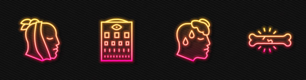 高体温，牙痛，视力检查表，骨痛。发光的霓虹灯图标。向量图片下载