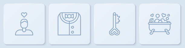 设定线情侣相爱，钥匙心形，西装和浪漫浴室。白色方形按钮。向量图片下载