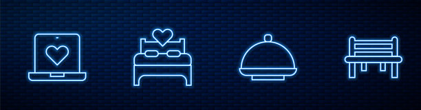 套线覆盖托盘，在线约会应用程序，卧室和浪漫的长凳。砖墙上发光的霓虹灯图标。向量图片下载