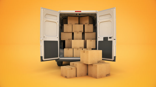 装着纸板箱的商业货车。三维渲染图片下载