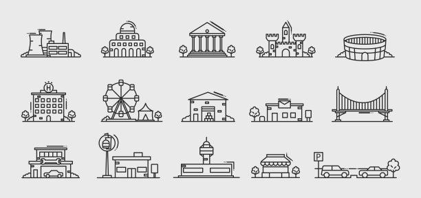 建筑图标集。银行，政府，法院，酒店，快餐，城堡，停车场，桥，月亮公园。建筑图标孤立在白色背景上。矢量图图片下载