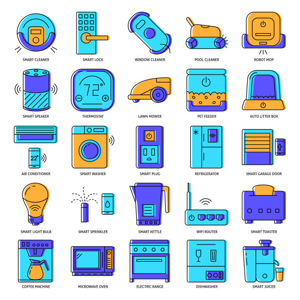 智能事物图标设置在彩色线条风格图片下载