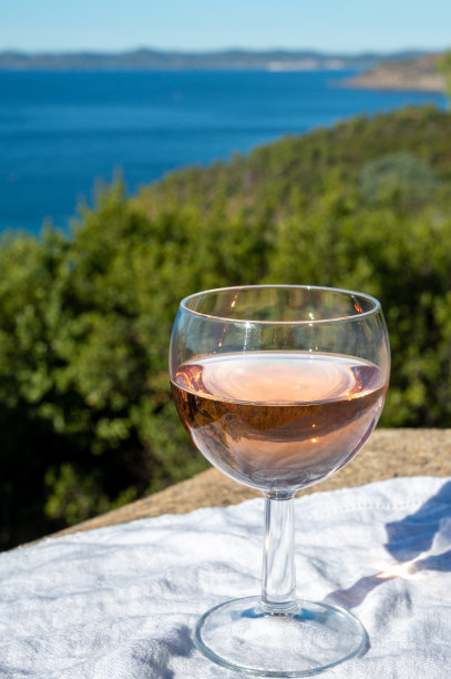 在法国普罗旺斯瓦的圣特罗佩附近，以当地的玫瑰葡萄酒和蓝色的地中海为背景进行野餐图片下载