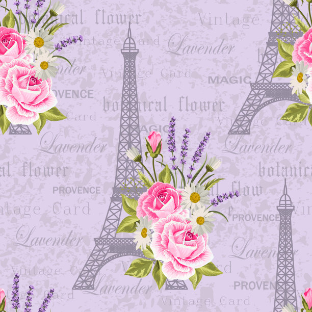 无缝花卉图案与埃菲尔铁塔图片下载