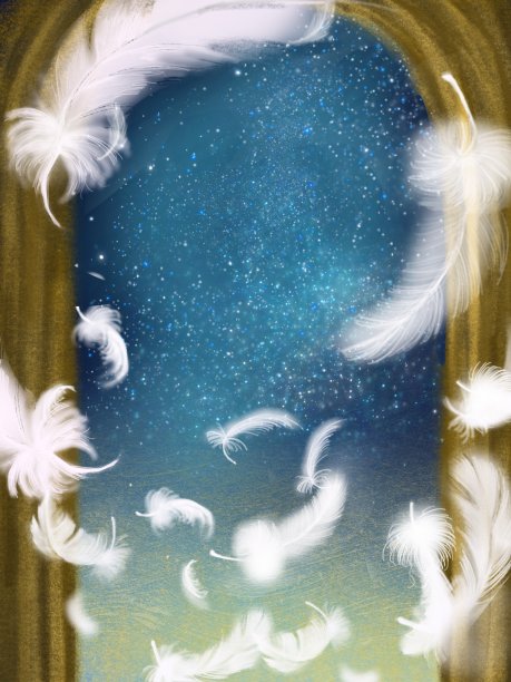 在繁星点点的太空中，金色的入口在飞翔的羽毛之上图片下载