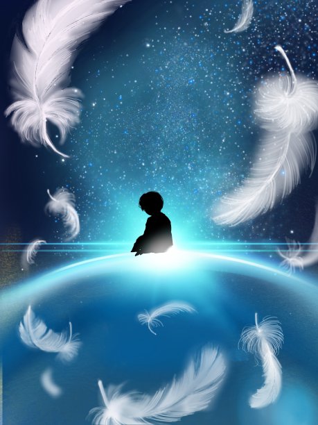 星空中的蓝色星球上，一个小男孩的背影图片下载