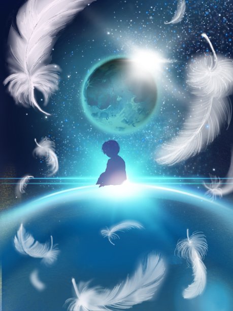 星空中的蓝色星球上，一个小男孩的背影图片下载