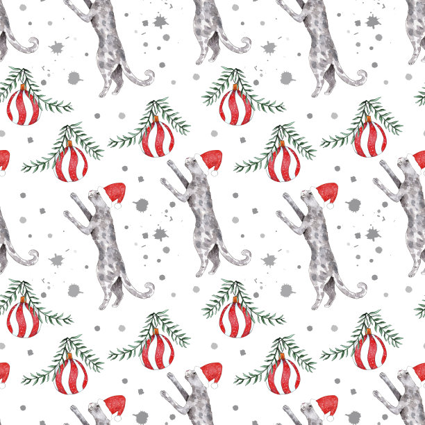 水彩圣诞和新年图案与猫，无缝数字纸。图片下载