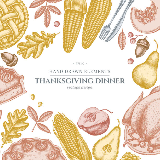 色彩柔和的南瓜，叉子，刀，梨，火鸡，南瓜派，苹果派，玉米，苹果，花楸，枫木，橡木图片下载